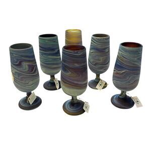 Brand New HEBRON PHOENICIAN 6 GLASS SET Hand Blown FROM ISRAEL Blue 7" Height